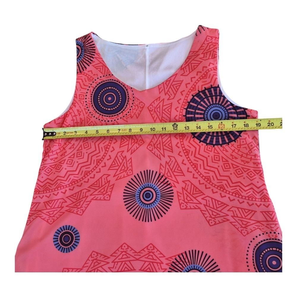 Two Layered Silky Lined Tank Dress Orange Bold Aztec Sphere Print M Pullover EUC - Picture 4 of 12